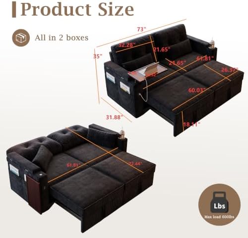 73'' Sleeper Sofa Bed Queen, Corduroy Pull Out Couch - Image 3