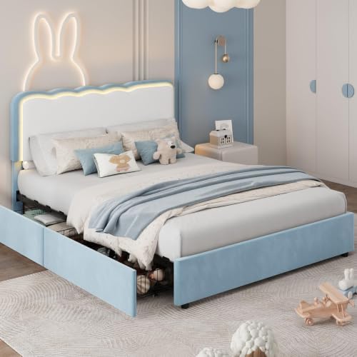 IDEALHOUSE Full LED Bed, 2 Drawer Trundle, Light Blue Wave Headboard by IDEALHOUSE