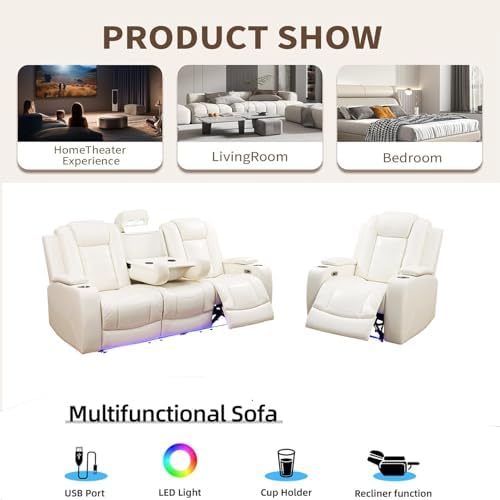 Power Reclining Sofa Set with LED Light, Power Recliner Leather Sectional Sofa - Image 7
