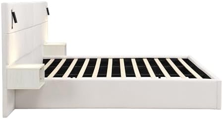 King Size Bed Frame with LED Lights and Floating Shelves, Modern Chenille - Image 3