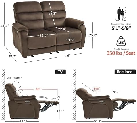 MCombo 61.6'' Wall Hugger Power Loveseat Recliner, Reclining Loveseat - Image 2