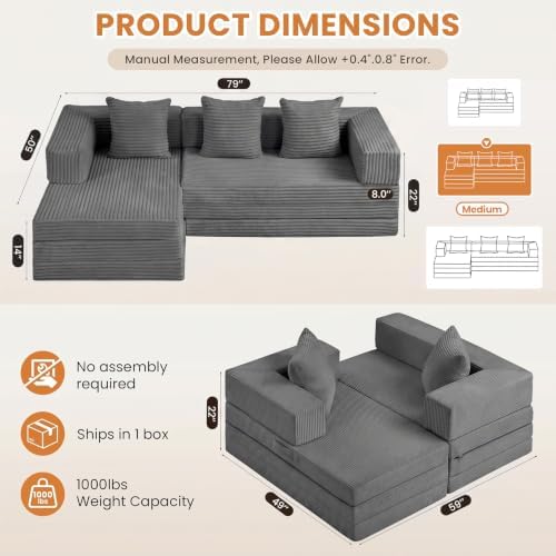 79" Modular Sectional Sofa, Boneless Convertible Sleeper Sofa Bed, Modern - Image 2