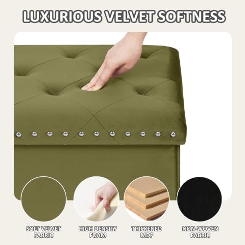 PINPLUS Folding Storage Ottoman Bench, Olive Green Velvet - Image 5