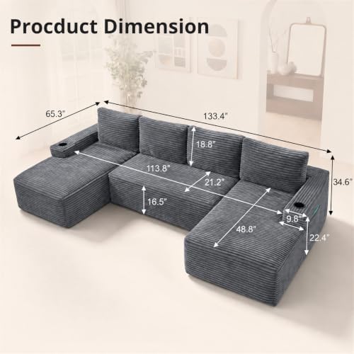 Skepphlay 133" U Shaped Couch, Boneless Sectional Couches - Image 2