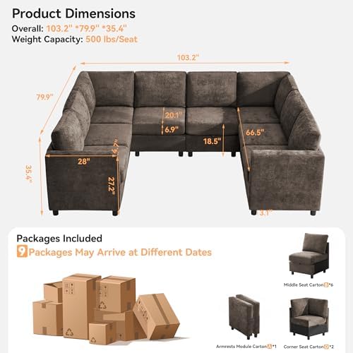 104'' U Shaped Modular Sofa, Sectional Couches - Image 2