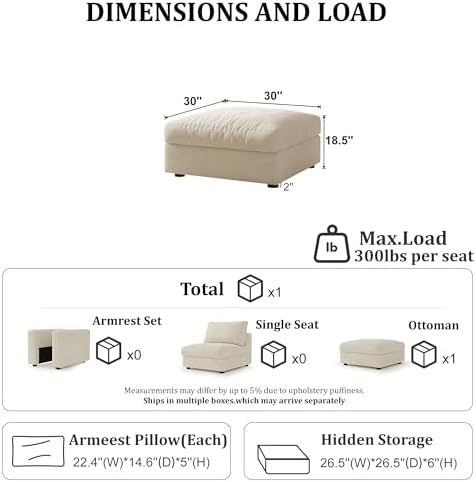 Beige Chenille Storage Ottoman for Cloud Modular Sectional Sofa Couch - Image 2
