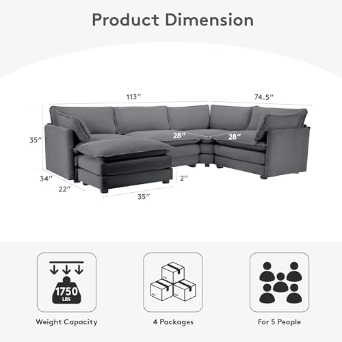 ROWHY 113'' Modular Sectional Cloud Corner Couch, 5 Seater L Shape Sofa Big - Image 2