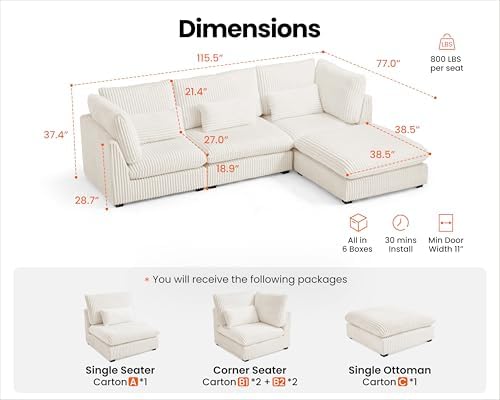 115" Oversize Corduroy Modular Sectional Sofa Couches - Image 2