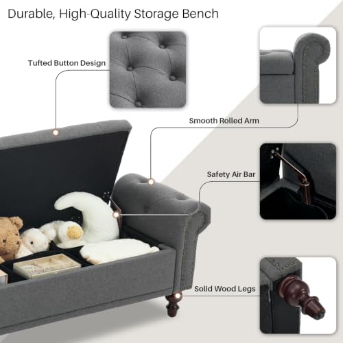 SOFTHION 67" Storage Bench for Bedroom, Linen Upholstered, Dark Grey - Image 4