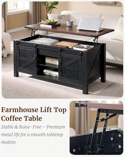 OKD 48" Farmhouse Lift Top Coffee Table, Sliding Barn Door - Image 3