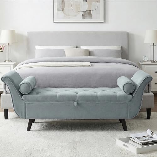 End of Bed Storage Bench for Bedroom, Upholstered Rolled Armed Button Tufted - Image 6