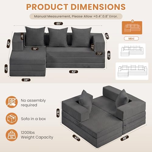 Boneless Couch Small, Convertible Sleeper Sofa Bed, Mini Modular Sectional Sofa - Image 2