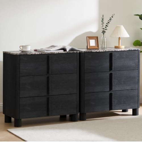 31.5" Wide 3 Drawer Dressers Set of 2, Faux Marble & Wood Storage Cabinet by Hotmeily