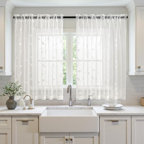 MIULEE Ivory Sheer Curtains 2 Panels Embroidered Leaf Patterned, W52 x L54 - Image 2