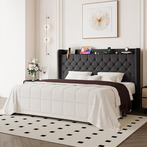 Allewie King Bed Frame, Storage Headboard & Charging Station, Dark Gray - Image 3