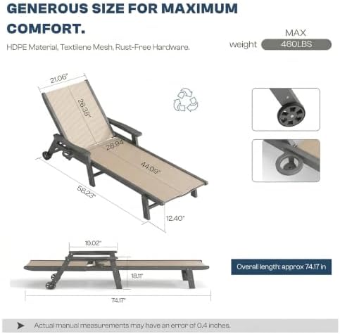 Outdoor HDPE Chaise Lounge Chairs Set of 6, Textilene Pool Loungers - Image 2