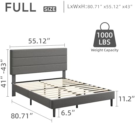 Full Platform Bed Frame with Adjustable Linen Fabric Upholstered Headboard - Image 2