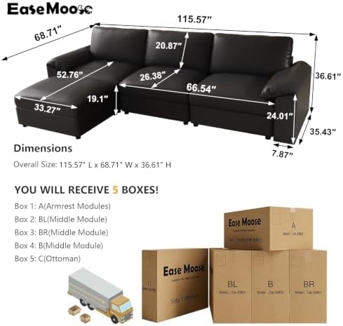 EASE MOOSE Leather Sectional Couch, L Shaped Modular Sectional Sofa - Image 2