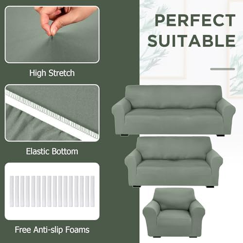 Peryiter 3 Pcs Couch and Loveseat Sofa Covers, Sage Green, Milk Silk - Image 4