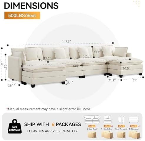 147'' Sectional Cloud Deep Seat Couch, Oversized Chenille U Shaped Sectional - Image 2