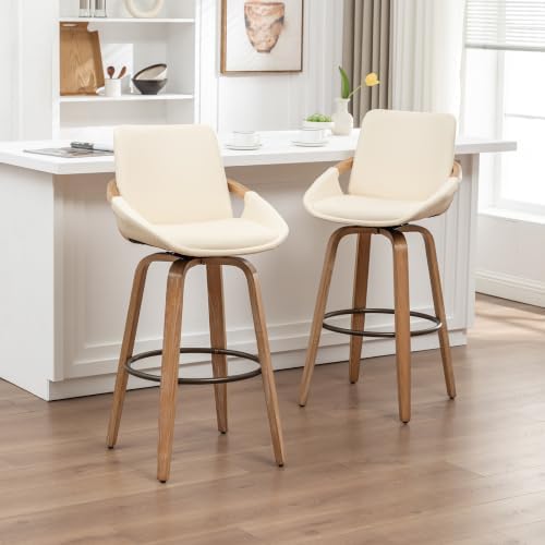 25.2" Swivel Bar Stool with Back Cream White Leather Kitchen Barstool Chair - Image 4