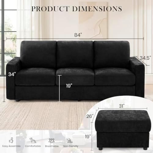 84” Chenille 3-Seater Sofa W/Movable Ottoman - Image 2