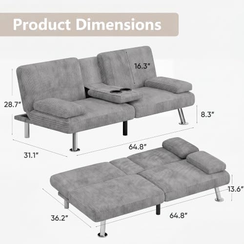 Flamaker Futon Sofa Bed, Modern Corduroy Convertible Folding Futon Set - Image 3