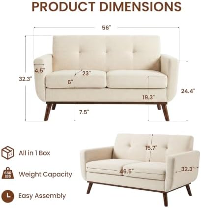 56" Small Loveseat Sofa Mid Century Modern Mini Love Seat - Image 2