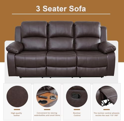 Leather Recliner 3 Seat Couch, Manual Reclining Sofa, Living Room 3-Seater Chair - Image 2