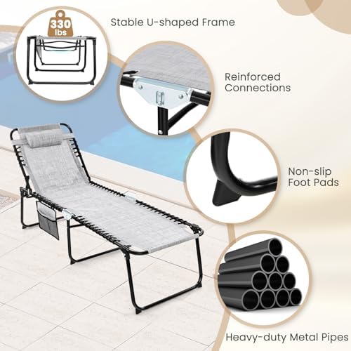 GYMAX Lounge Chairs for Outside, Extra High Folding Beach Tanning Lounger - Image 6
