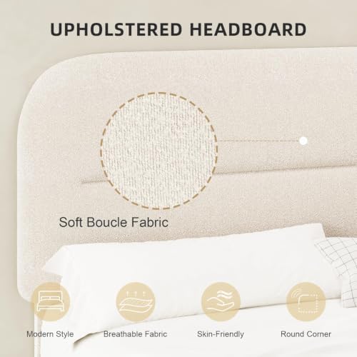 HOMBCK Queen Bed Frame, Cream Boucle Upholstered Platform Bed - Image 3