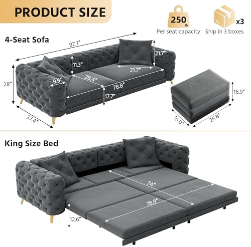 97.7'' Chesterfield Sleeper Sofa King Size, Dark Gray Velvet Pull out Couch - Image 2