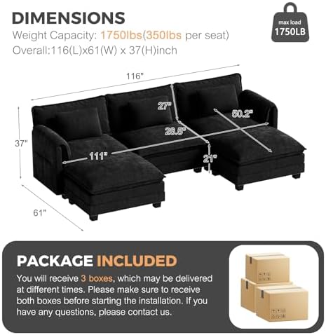 ELUCHANG 116" Oversized Modular Sectional Sofa, Comfy Chenille Cloud Couch - Image 2