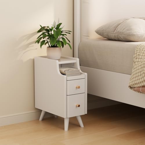 AQIMUELE Small Nightstand with Drawers, Solid Wood Narrow Bedside Table by AQIMUELE