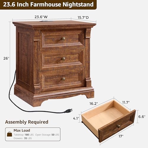26" Tall Nightstand with Charging Station, 23.6"W End Table W/Roman Column - Image 2