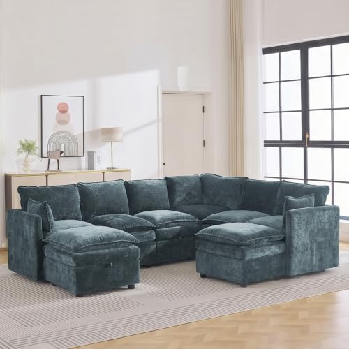 105" Blue Modular Storage Sofa, U Shaped Chenille Couch by Abbrevi