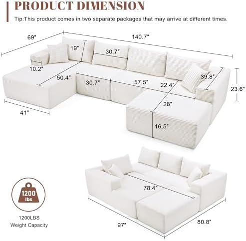 Mangodan 140” Cloud Sectional Couch, Modular Sectional Sofa - Image 3