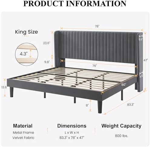 SHA CERLIN King Size Velvet Bed Frame, Tufted Wingback Headboard - Image 2