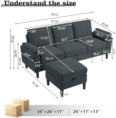 80" Convertible Sectional Sofa, Modern Linen Small L Shaped Couch - Image 2