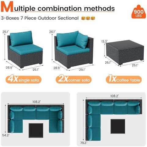 Patio Furniture Set, 7-Piece Outdoor Sectional Sofa, Peacock Blue - Image 2