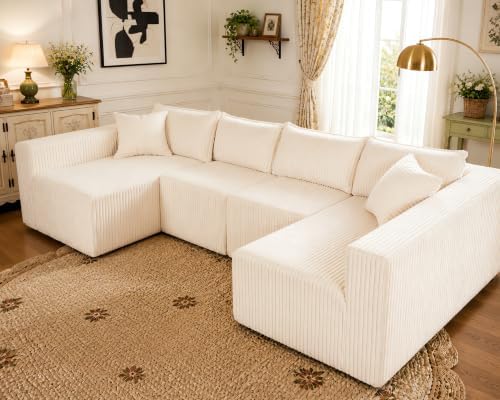 Claiks 128" U Shaped Boneless Couch, Corduroy Sectional Sofa by CLAIKS