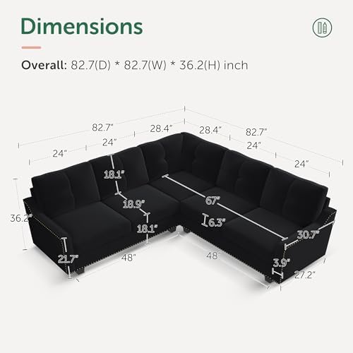 HONBAY Convertible Sectional Sofa L Shaped Couch, Velvet Black - Image 2