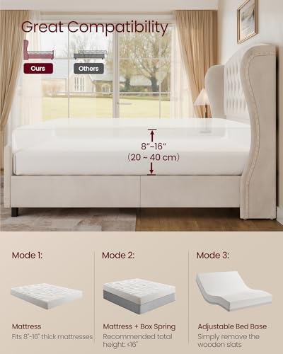 VASAGLE Queen Platform Bed Frame, Upholstered, Wooden Slats - Image 6
