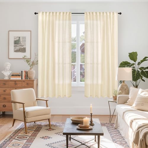 YoungsTex Linen Semi Sheer Curtains 63 Inch Length Cream Beige Drapes - Image 2