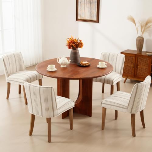 Farmhouse Dining Chairs Set of 4 Khaki Stripe Upholstered Linen Kitchen Chairs - Image 6