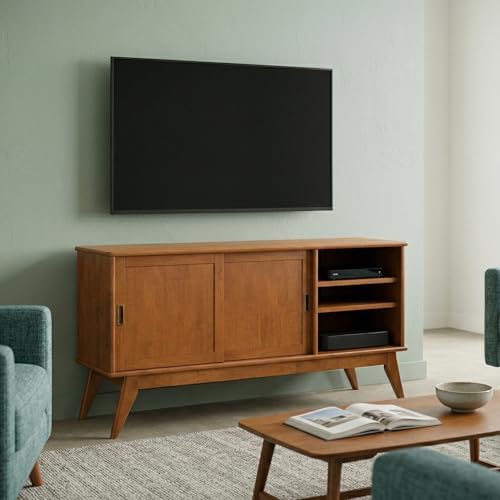 SIMPLIHOME Draper 60" Wide Solid Wood TV Stand in Teak Brown - Image 2