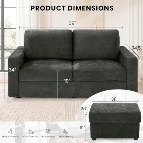 69” Chenille Loveseat Couch W/Two Movable Ottoman - Image 4