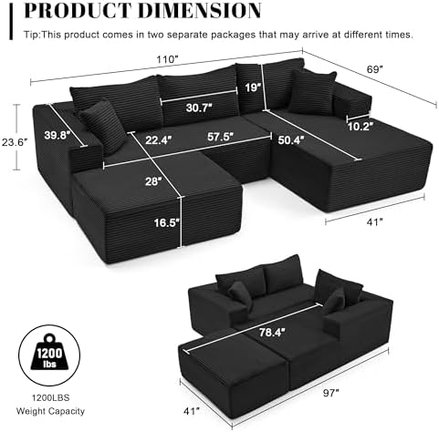 Mangodan 110” Cloud Sectional Couch, Boneless Sofa - Image 3