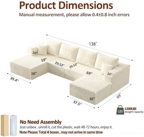 138" Modern Modular Sectional Sofa, U-Shaped Cloud Couch, Soft Corduroy - Image 2