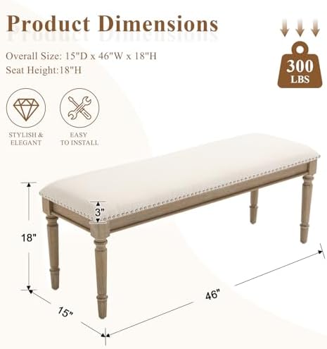 46'' French Country Entryway Bench Wooden Linen Fabric Upholstered Seat Dinng - Image 2